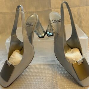 Charles Jourdan Paris Blue Lucite Heeled Slingback. Size 6